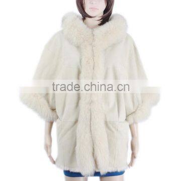 Women rabbit skin double face coat fox fur trim fur coat hoodie fur coat KZ150102