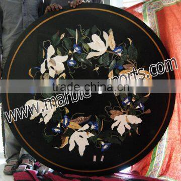 Pietre Dure Inlay marble Coffee Table Top, Round Black Pietra Dura Table top