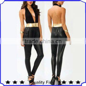 hot sell halter bold jumpsuit sexy design plunging halter with faux leather harem style pants fashion