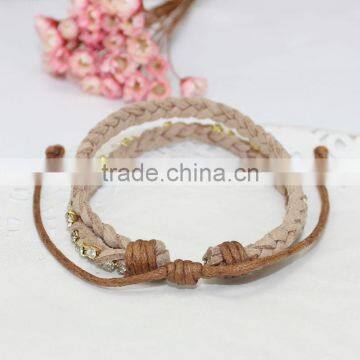 Rhinestone Chain Suede Leather Braided Layered Bracelet Double Strand Velvet Leather Handwoven Bracelet photo-4