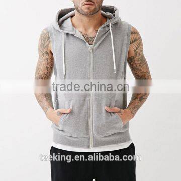 custom grey plain sleeveless zip up hoodie