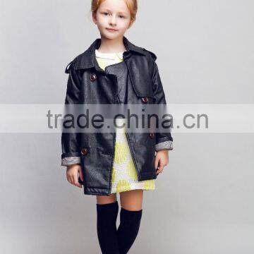 2016 latest design child double breasted black pu leather cloth girl jacket coat