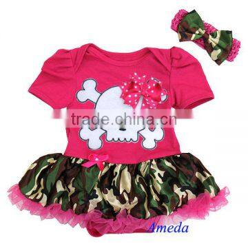 Baby Hot Pink Camo Skull Pettiskirt Bodysuit Romper and Headband NB-18M