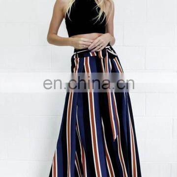 Wholesale Fashion Garments Blue Stripe Side Slit Wide Leg Women Pants