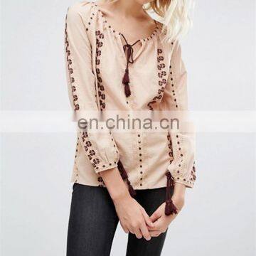 Wholesale Women Autumn Long Sleeve Embroidered Blouse with Lace-up Neck JYB31A18