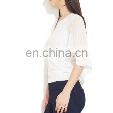 2015 White Top With Smocking And Tie-up Women Blue Floral Print Tie-up Top photo-2