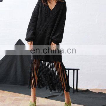 OEM Oversized Pullover Sweater Black V-Neckline Tassel Hem Loose Sweater Dress For Women