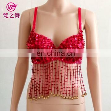 YD-063 Austrial best selling long sequins tassel belly dance bra with rings