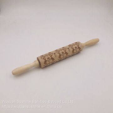 Rabbit Pattern Wooden Rolling Pin, Made of Chinese Cherry