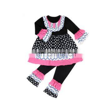 Girl Chevron And Dots Dress And Ruffle Pant Kids 2PC Outfit Wholesale Boutique Clothing