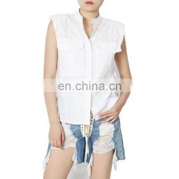 TWOTWINSTYLE White Casual Women's Shirts Stand Collar Sleeveless With Shoulder