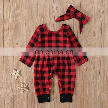 Fall Baby Girl Rompers Set Toddler Christmas Plaid Jumpsuit Headband 2pcs Set Playsuit Long Sleeve Holiday Clothes Set photo-4