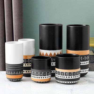 Black And White Stripe Fashion Colored Drawing Ceramic Flower Vase For Restaurant Dining Table photo-3