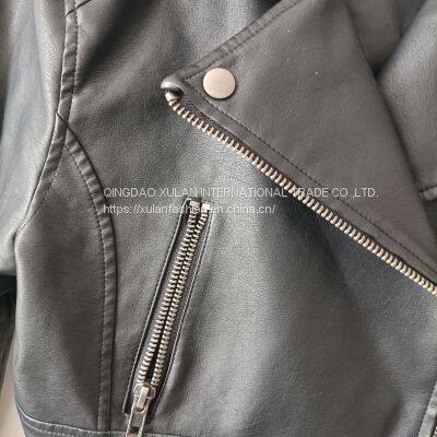 Spring/Autumn Women's Washed Eco Leather Motorcycle Biker Jacket photo-5