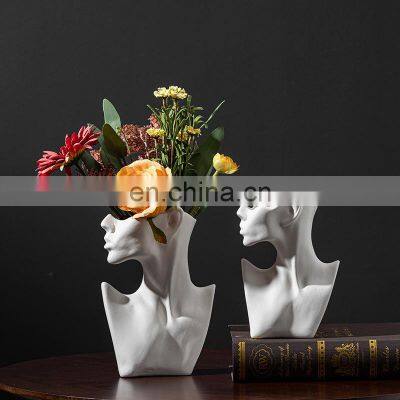 Nordic Silhouette Vase Floreros Burning White Side Face Head Shaped Bust Statues Ceramic Vase For Home Decor