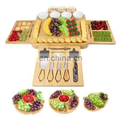 Natural 4 Drawers Bamboo Cheese Board And Cutlery Set Serving Tray With Ceramic Cups And Spoons photo-3