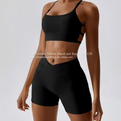 Wholesale Fitness Yoga Wear 2 Piece Active Wear Set Women Gym Multi Strap Open Back Sports Bra Front Cross Over Mini Shorts Set photo-4