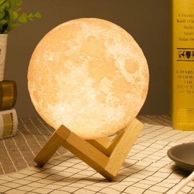 Popular Wooden Stand Remote Touch Control Rechargeable Moon Night Lights Lunar Lamp Round Ball Wireless Music Bedside Speaker