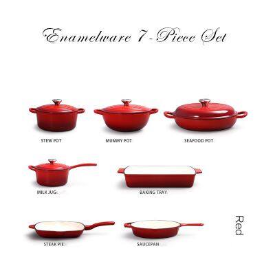 7 Piece Cast Iron Enameled Cookware Set - Red, RDO, Braiser, Skillet, Square Skillet Grill & Rect. Roaster) photo-3