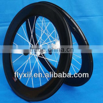 FLX-WS-CW08P Full Carbon Road Bike Bicycle Clincher Wheelset 88mm : Rim + White Spokes , White hub , Brake Pads ,QR skewers