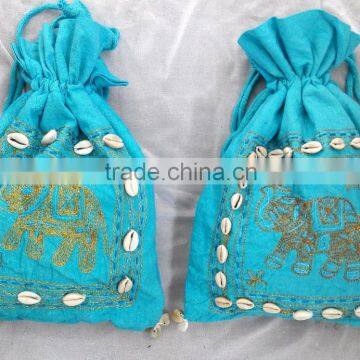 100 % Cotton banjara potli bag with elephant design and shells ibiza bag