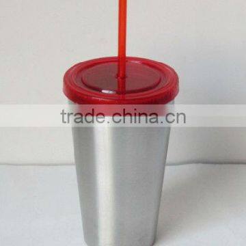 16oz double wall stainless steel straw mug, coffee tumbler, plastic lid