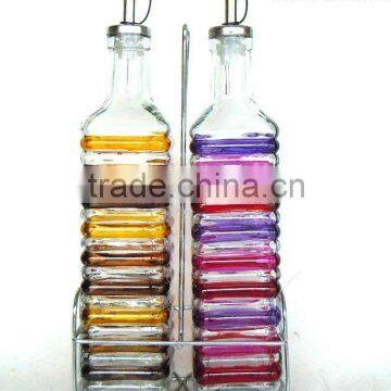 TW931 2pcs hand-painted glass oil and vinegar bottle with metal rack