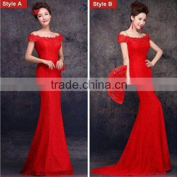 Elegant Red Floor length gown evening dresses Ball Gown capped Lace Embroidered Mesh Wrap Mermaid dress vestido noite