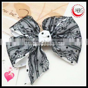 Black and White polka dot grosgrain ribbon tulle lace hair bow clip accessory