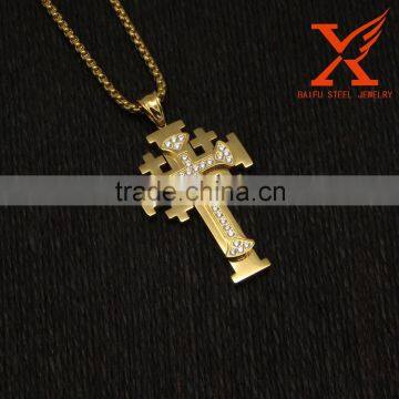 Mens Solid Stainless Steel Gold Double Cross Pendant Iced Out Micro Pave CZ Hip Hop Charm Quality Choice photo-4