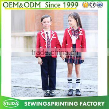 Custom Beautiful Primary School Uniform Fashion Kids Red Blazer Grid Skirt and Pant School Uniform