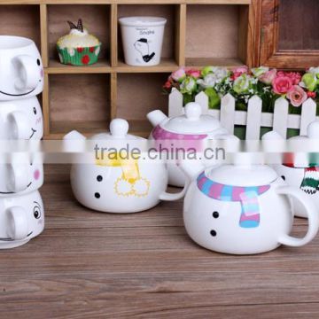 2017Christmas for kids best gift of snowman porcelain cartoon animal teapot novelty ceramic lovely snowman tea set ,set of 4