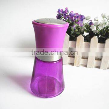 purple glass salt and pepper squat bottle with stainless steel cap