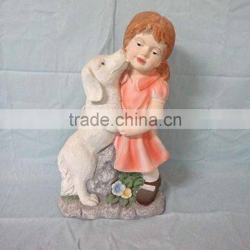 Fiberglass colorful girl and dog statue garden ornament