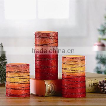 S/3 Flameless LED Red Christmas Candles With Silk Effect