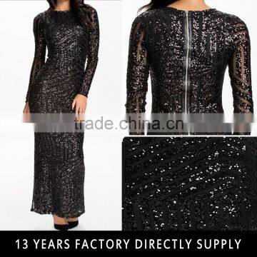 2016 Lady Black Sequin Maxi Elegant Long Sleeve Muslim Evening bandage dresses