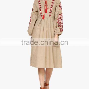 Boho Ukrainian Designs Beige Embroidered Shift Dress Bohemian Clothing Style Long Sleeve Maxi Dress HSd5083 photo-2
