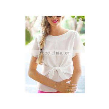 2016 Fashion Short Sleeve Bow O-neck Office Women Chiffon Shirt photo-2