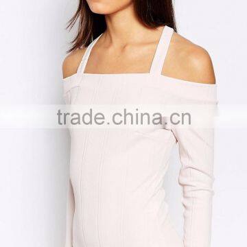 2016 Autumn Long Sleeve Sexy Women Bodysuit Plain White Halter Neck Off Shoulder Leotard In Rib Your Own Brand photo-4