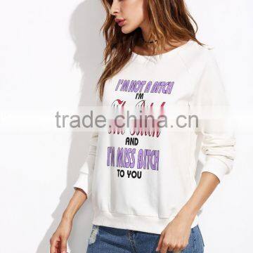 White Slogan Print Raglan Sleeve Sweatshirt Round Neck 100 French Terry Printed Sweatshirt Custom Logo Whosale photo-6