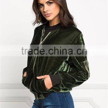 MGOO Custom Cheap Price Women Green Velvet Bomber Jackets Long Sleeves Zip Up Plain Fashion Winter Coat photo-6