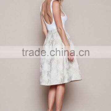 MGOO New Arrival 2016 Beige Pleated Midi Skirt For Ladies High Waist Vintage Floral Embroidery Skirts photo-6