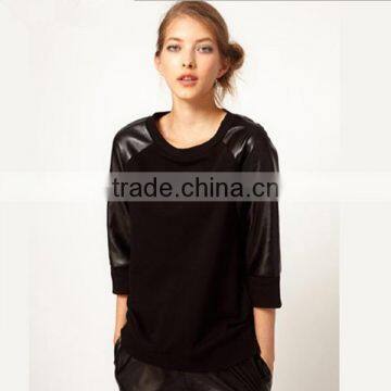Ladies T shirt,Three quarter 3/4 length sleeve t shirt,leather sleeve t shirts