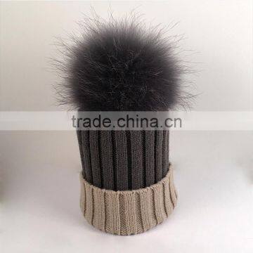 Myfur Beige/Grey Raccoon Fur Multi-Color Knitted Hat for Winter