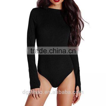 Basic Round Neck Ribbed Body Suits Women Black Long Sleeve Bodysuit Custom 2016 Latest Designs Ladies Black Knitted Sweater photo-3