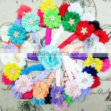 China wholesale pearl button centered flower hairband, Baby girls flower hair accessories