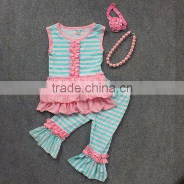 2-7t new baby kids wear hot sell ruffle sleeves stripes girls boutique clothing capri outfits with mtaching accessories set