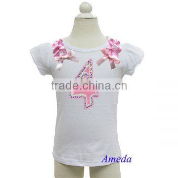 Pink White Polka Dots Ruffles Bling 4th Birthday White Short Sleeves Top 3M-10Y