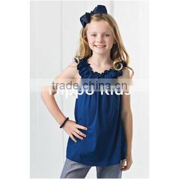 New fashion navy ruffle neck tank cotton girls fancy shirts baby girls top design tops