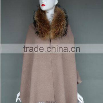 High quality mink cashmere knit shawl scarf with real raccoon fur trim custom cashmere shawl